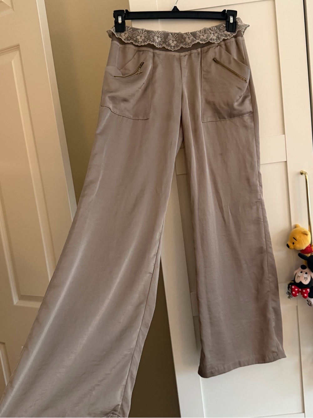 Taupe Wide Leg Pants With Lace Trim - Size: S - Worn Once